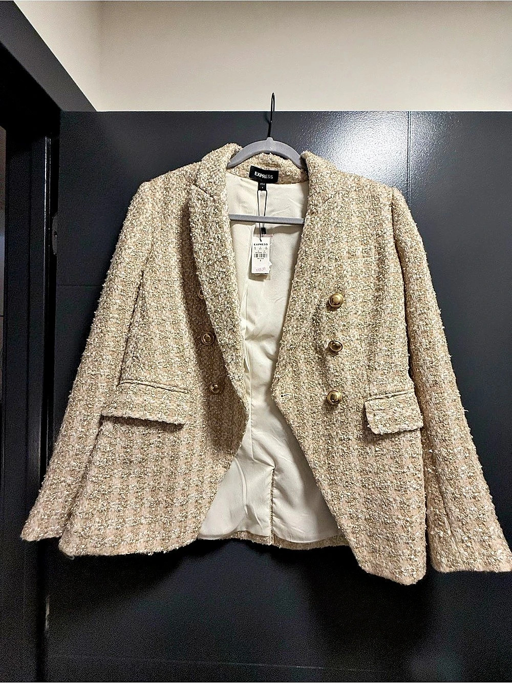 Express Metallic Tweed Double-Breasted Novelty Button Blazer Gold & White XS